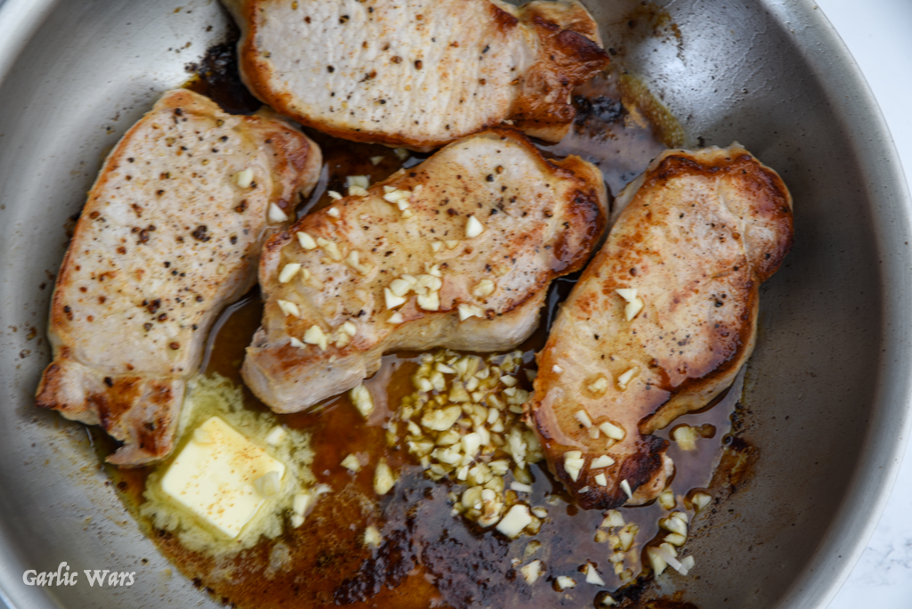 pork chops, butter, garlic, sweet and spicy sauce