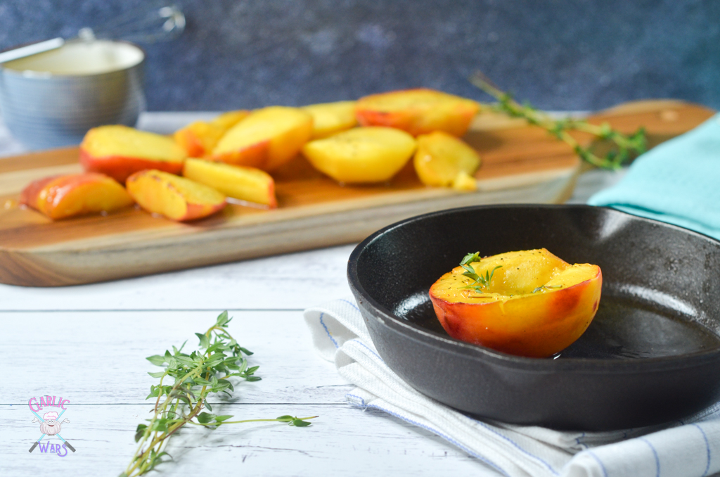 honey thyme peaches in skillet