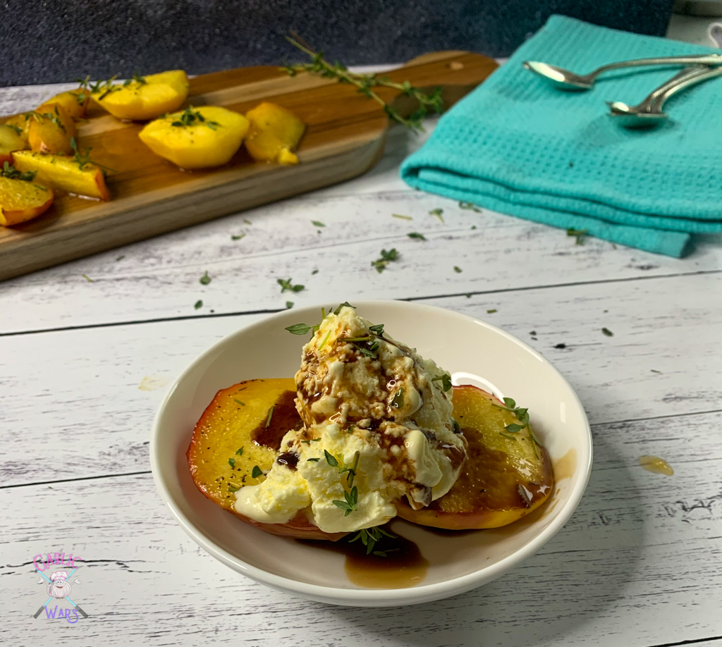 honey thyme grilled peaches with balsamic