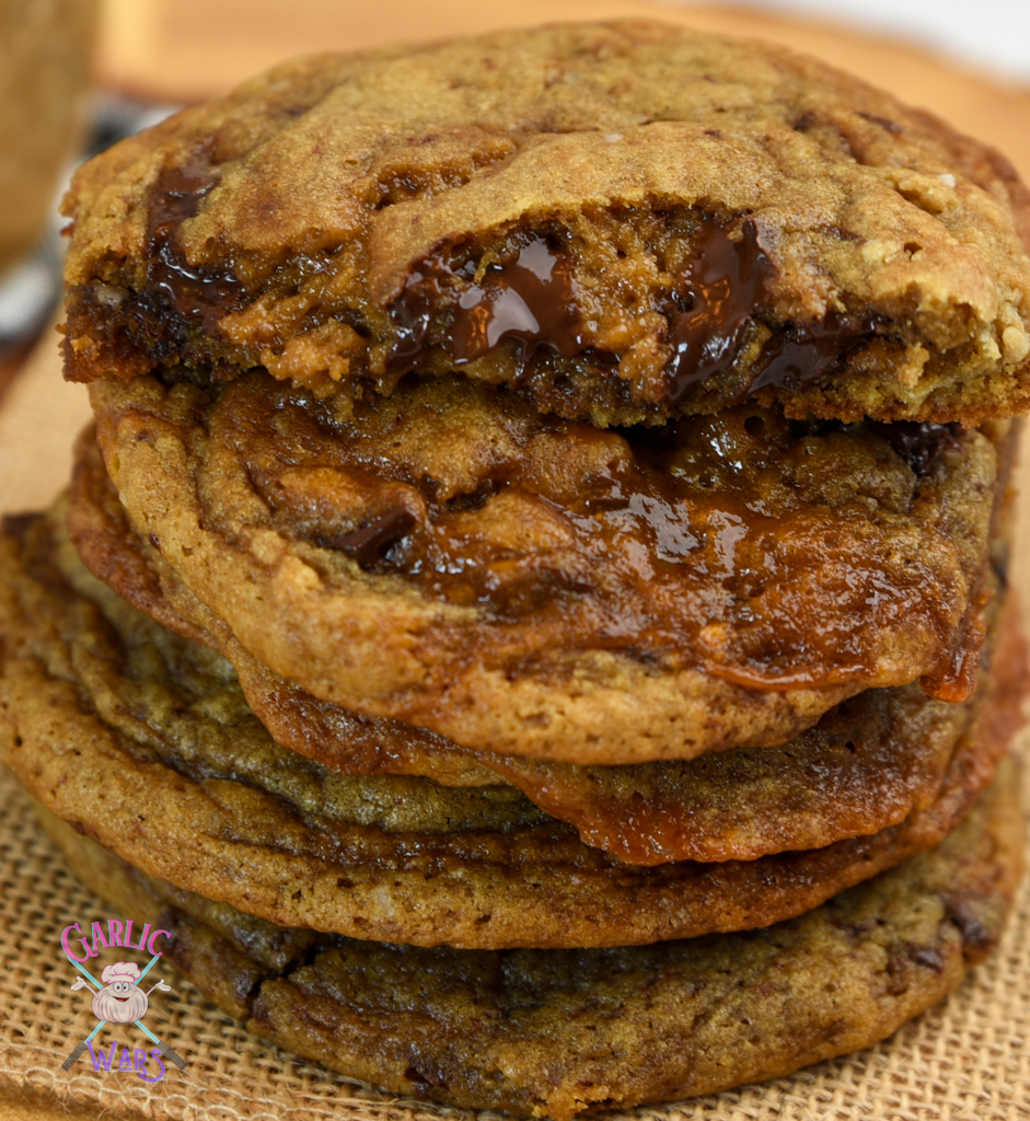 close up of stack of coffee chocolate chip cookies 