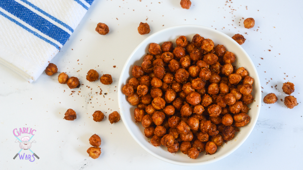 air fryer chick peas in a small white bowl