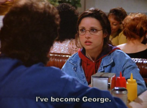 Elaine in Monk's with the caption "I've become George."