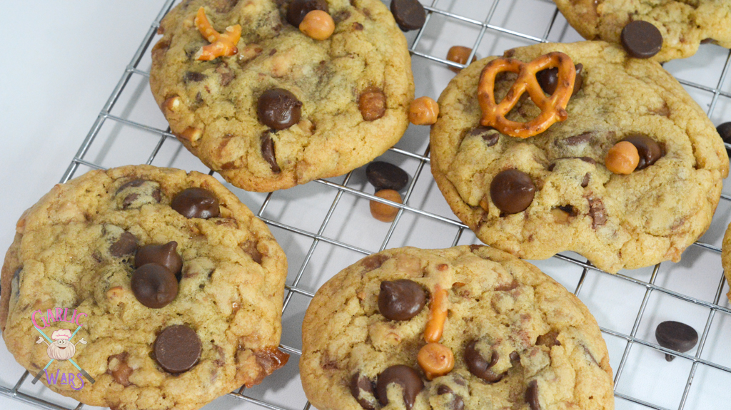 kitchen sink cookies with pretzels, chocolate chips, and caramel bits