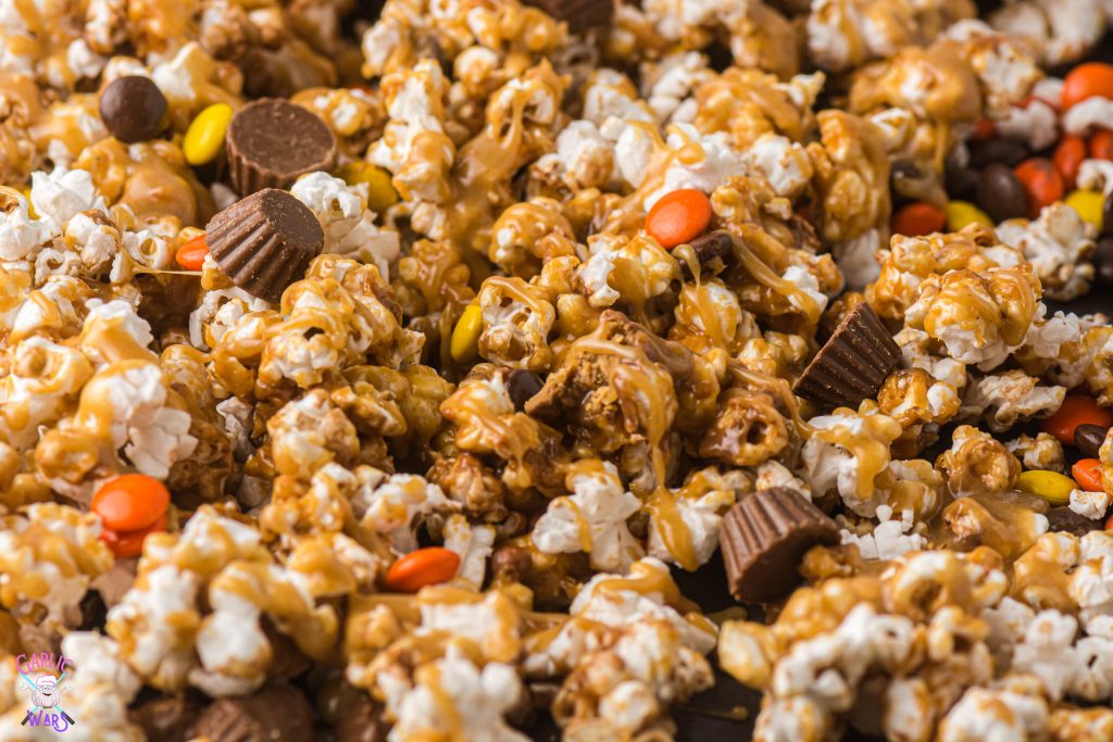 close up of peanut butter popcorn and toppings