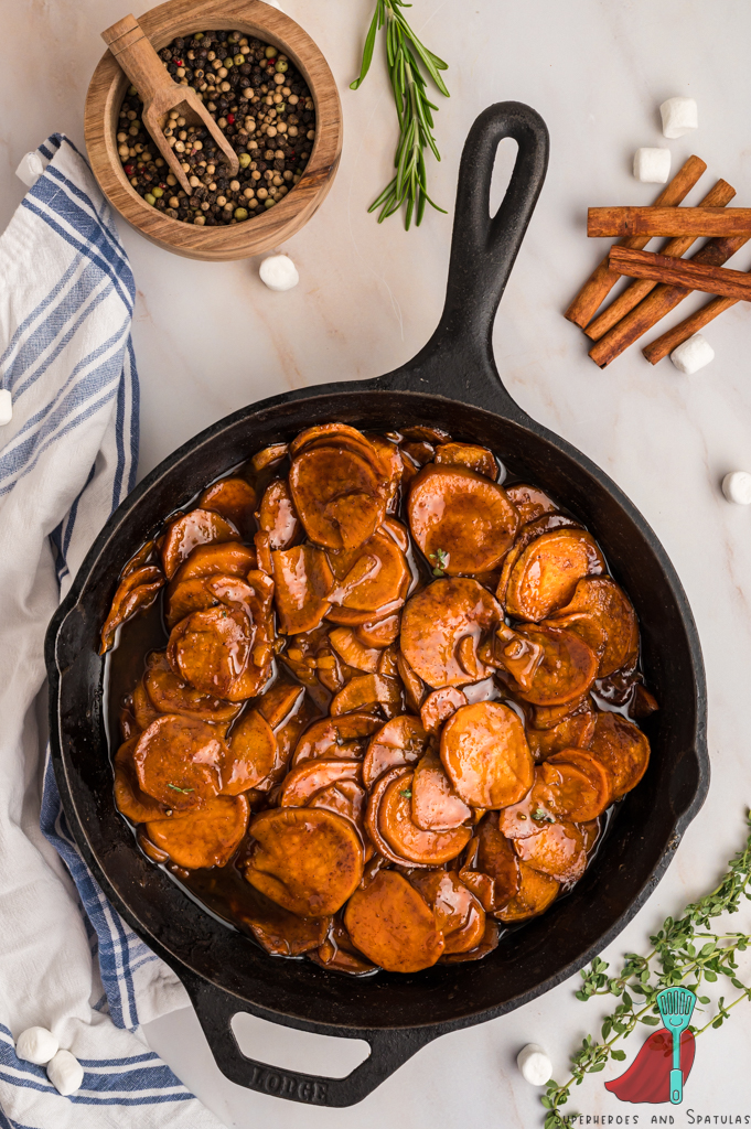 sweet potatoes added to cast iron skillet