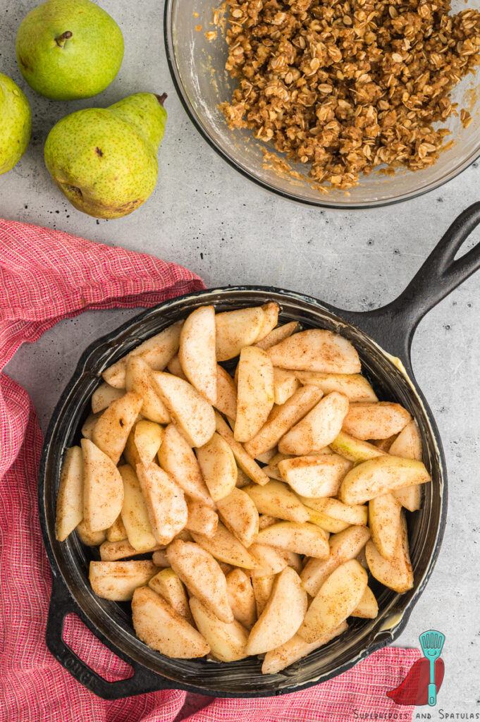 pear filling added to cast iron pan