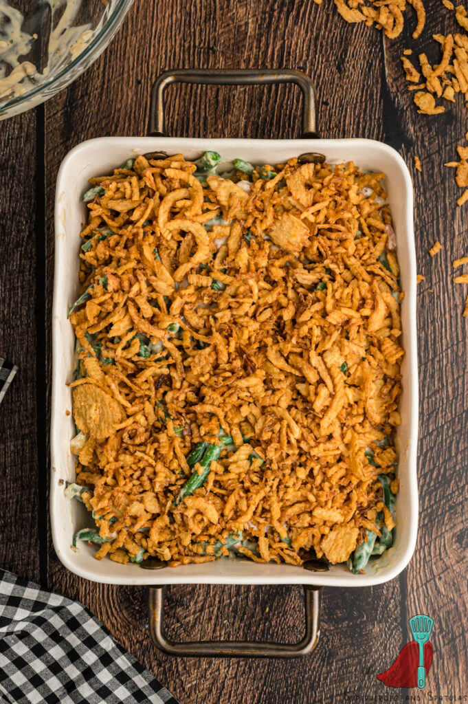 green bean casserole topped with crispy fried onions