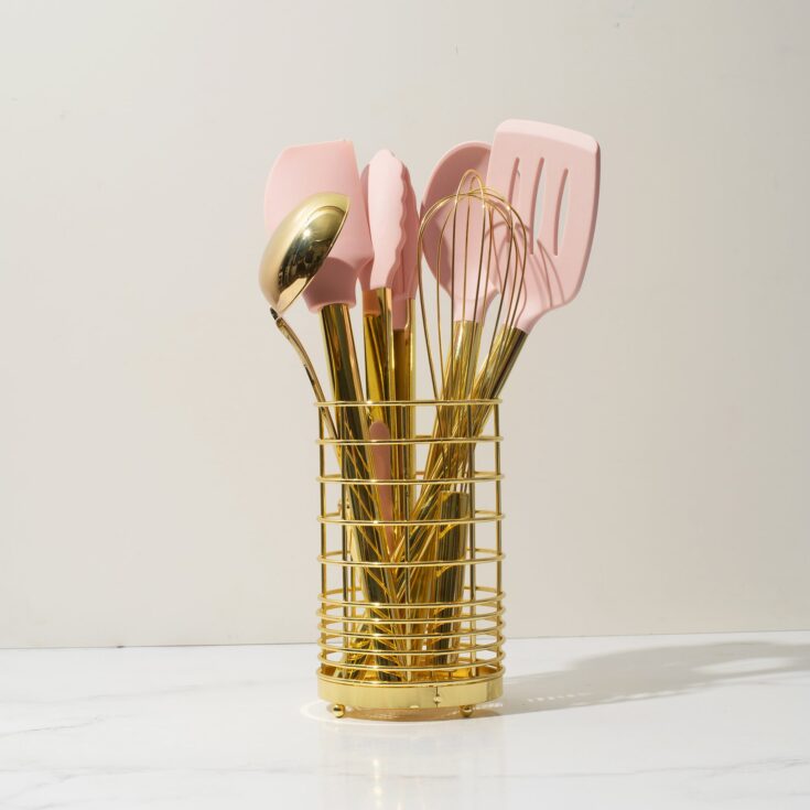 Image for Pink and Gold Kitchen Utensils Set with Holder