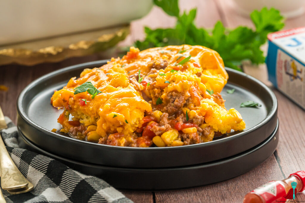side shot of plated cowboy cornbread casserole
