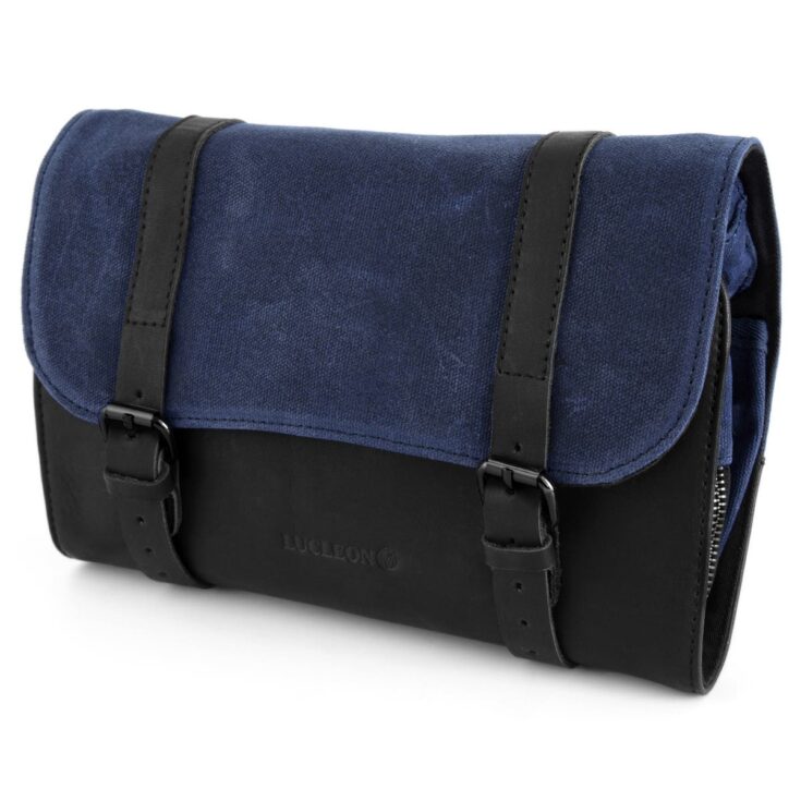 Image for Navy Blue Waxed Canvas Roll Out Wash Bag | In stock! | Lucleon